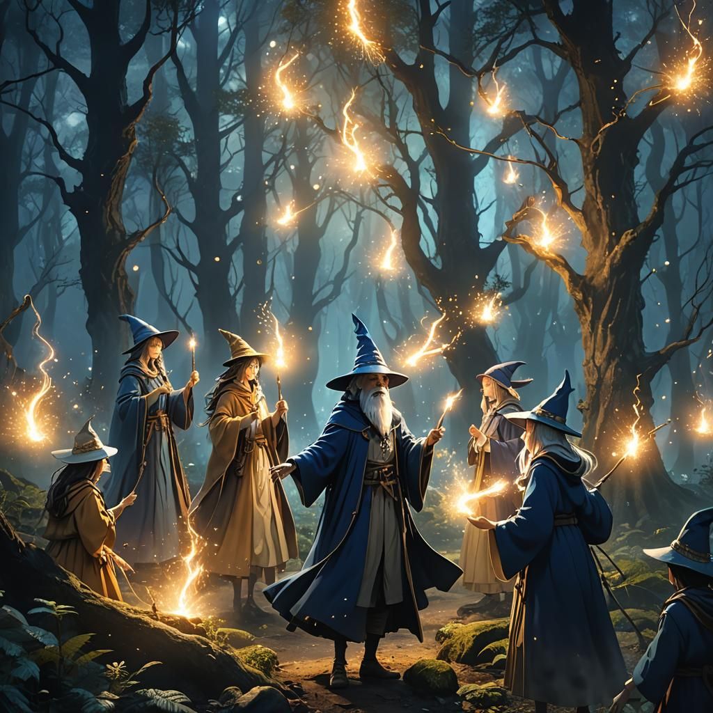 Female Wizards Battle Male Wizards in Mystical Forest