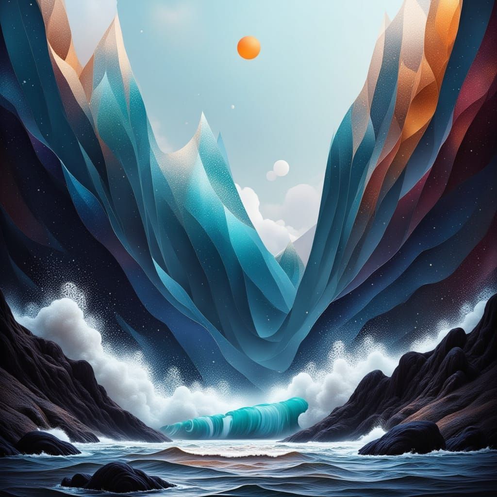 Surreal Geometric Ocean Waves on Rugged Cliffs