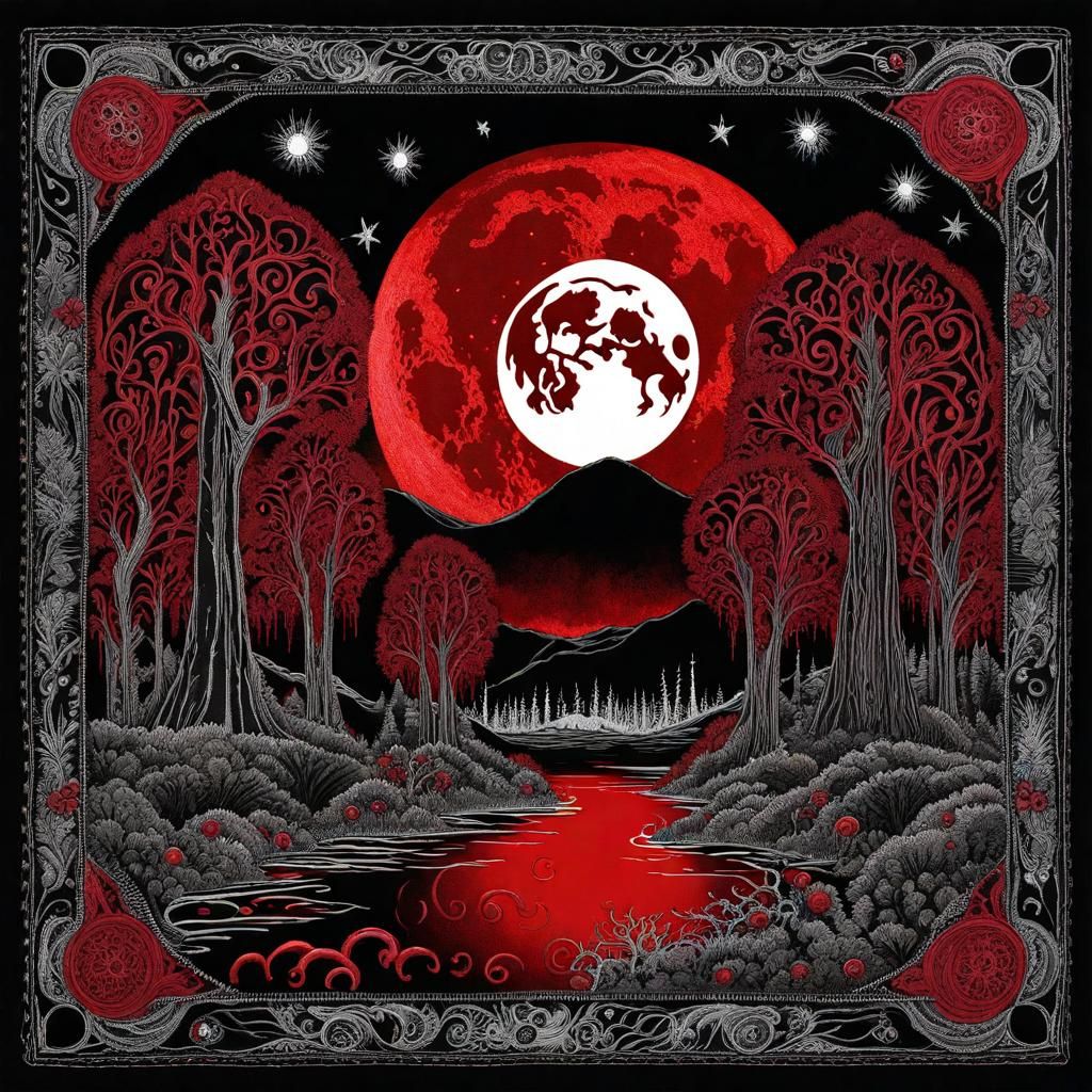 Eldritch Gothic Forest Under Red Moon, Batik Style