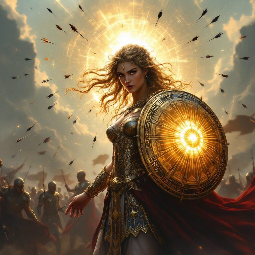 Athena on Battlefield with Shield in Matte Painting Style