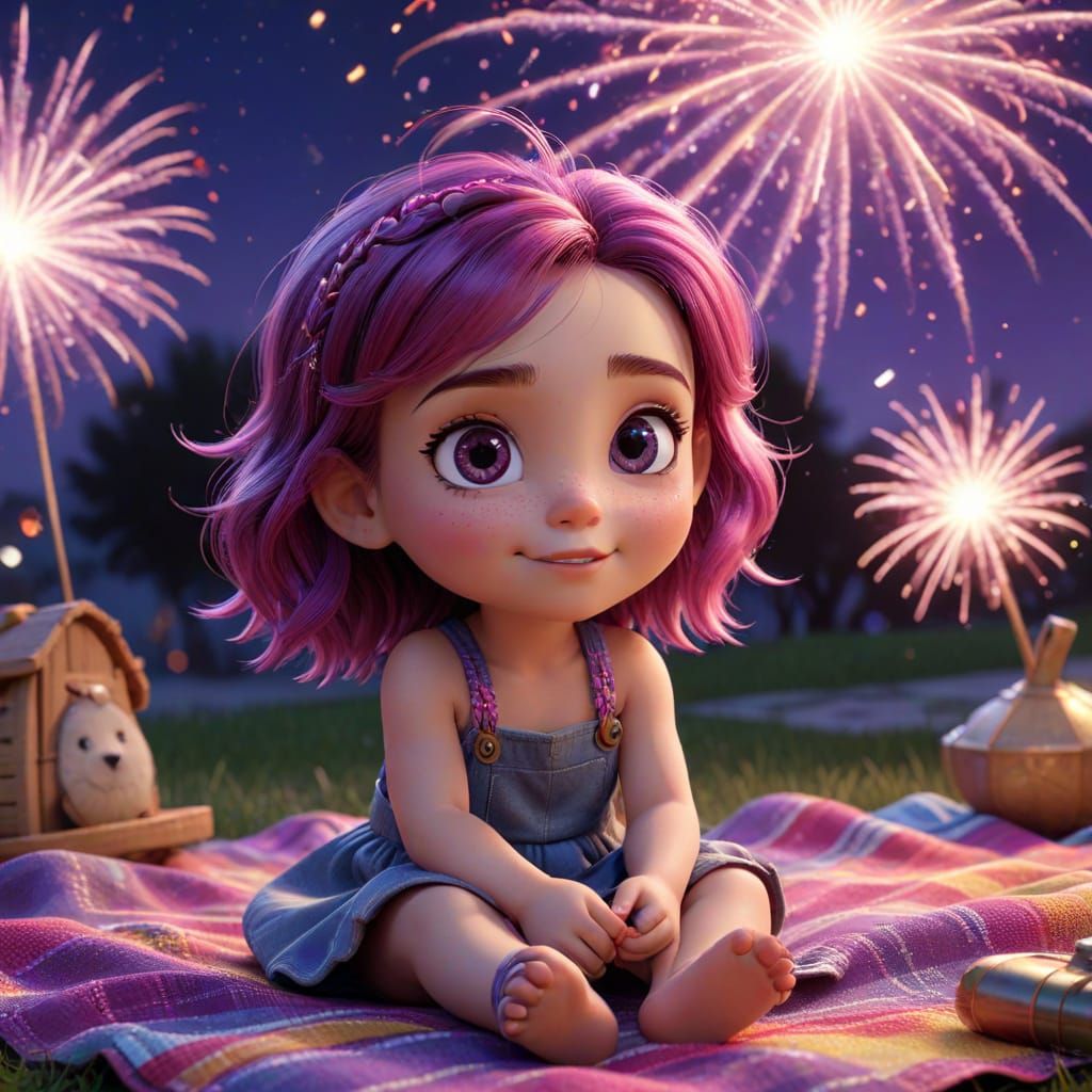 Chibi Girl's Joyful Fireworks Display in Digital Art