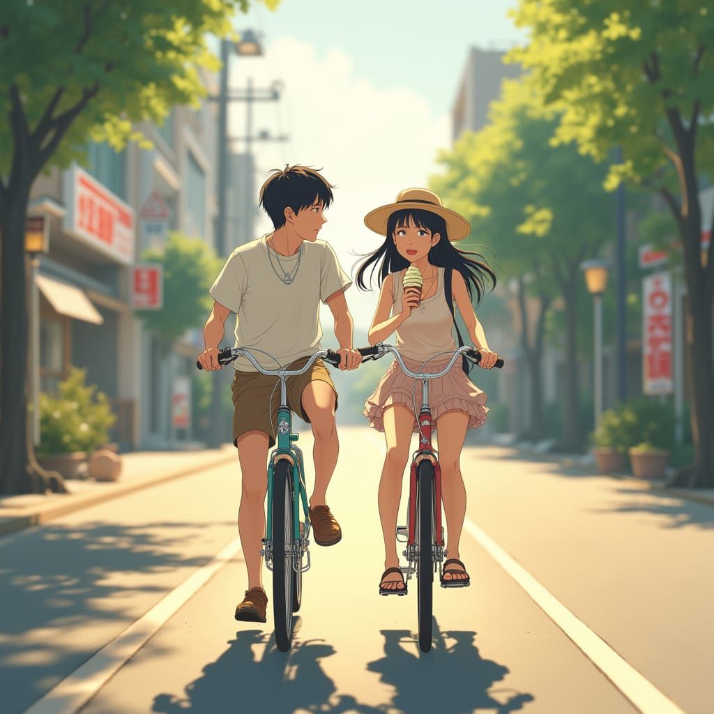 Romantic Summer Moment on a Japanese Street in Realistic Sty...