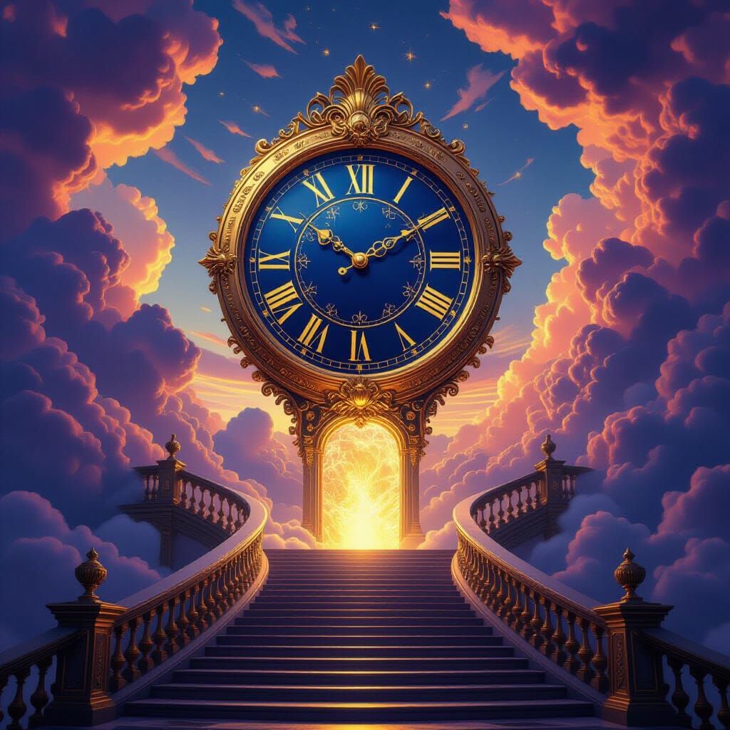 Majestic Golden Clock Floating in a Dramatic Sky