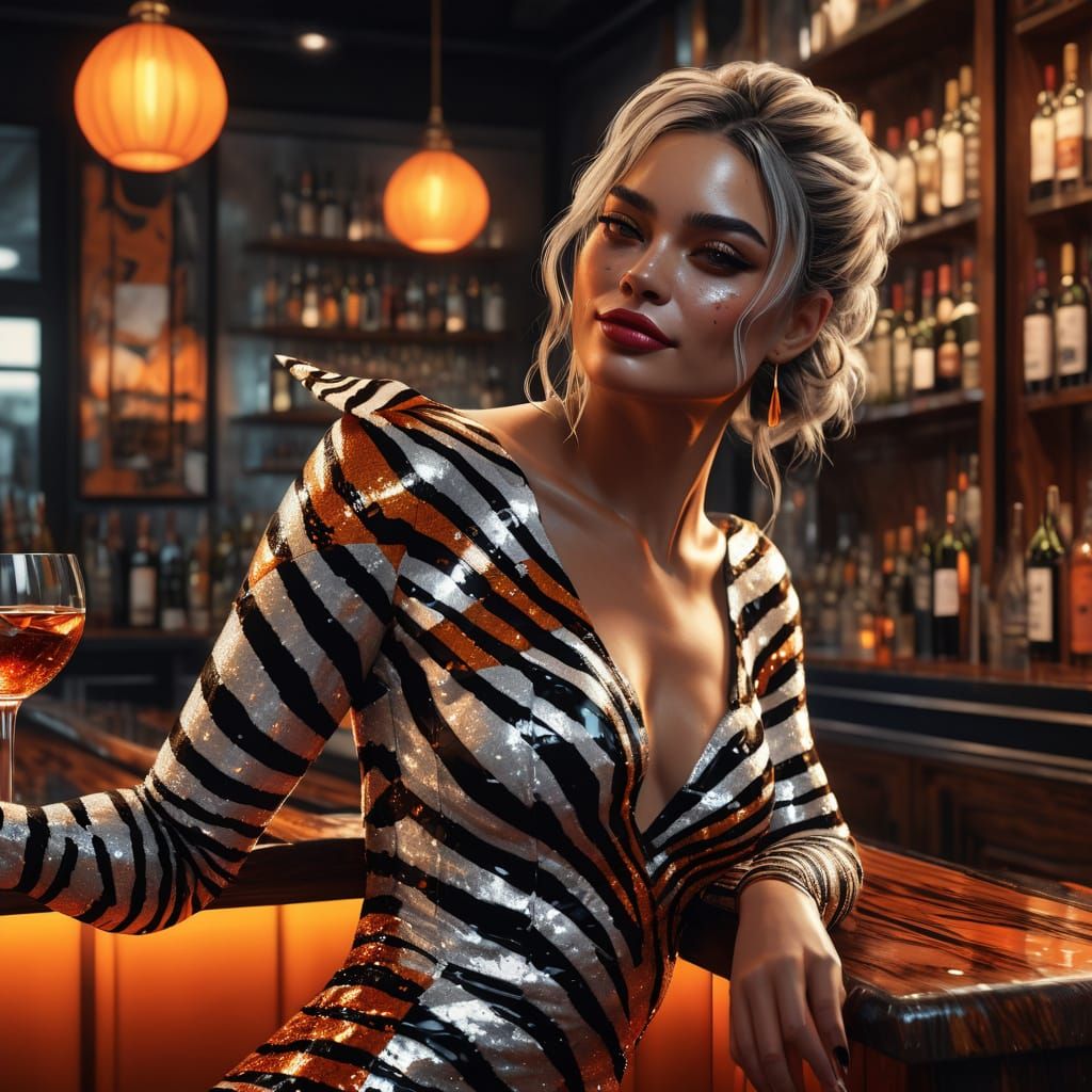 Sultry Tiger Woman Sips Martini in Golden Hour