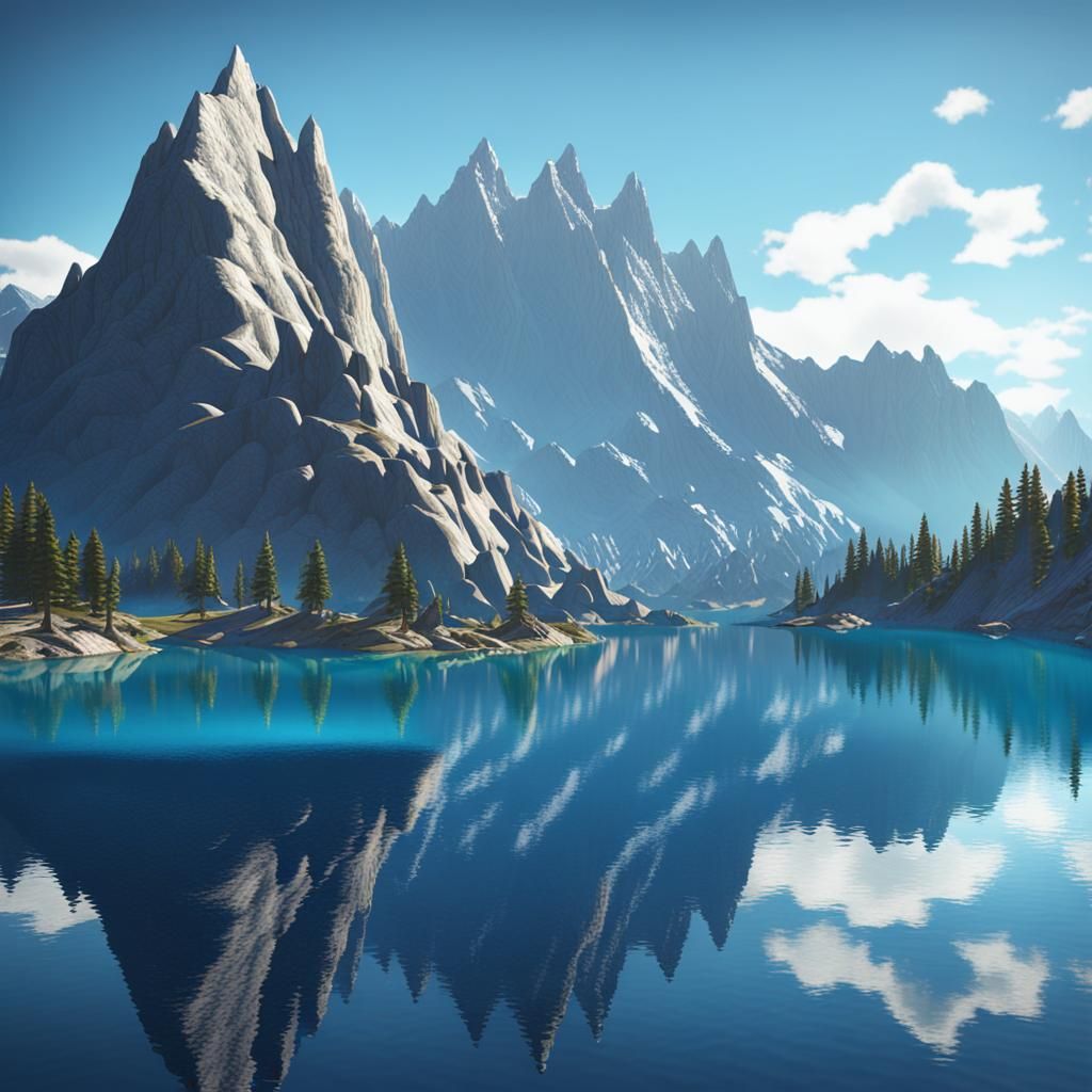 Lake Reflecting Mountains Shaped as 'LMM' in 3D