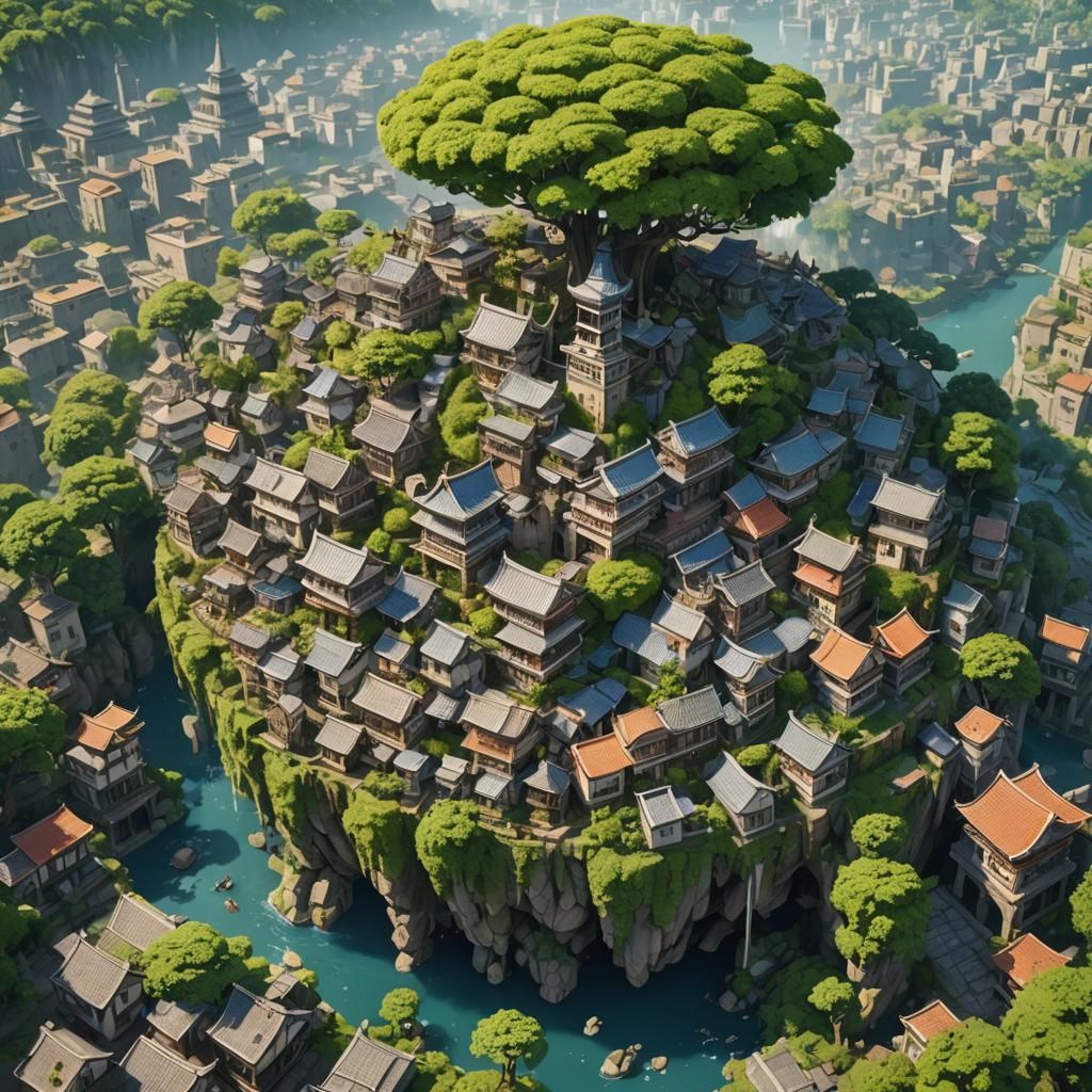 Miniature Cities on Tree Leaves: 3D Anime Art