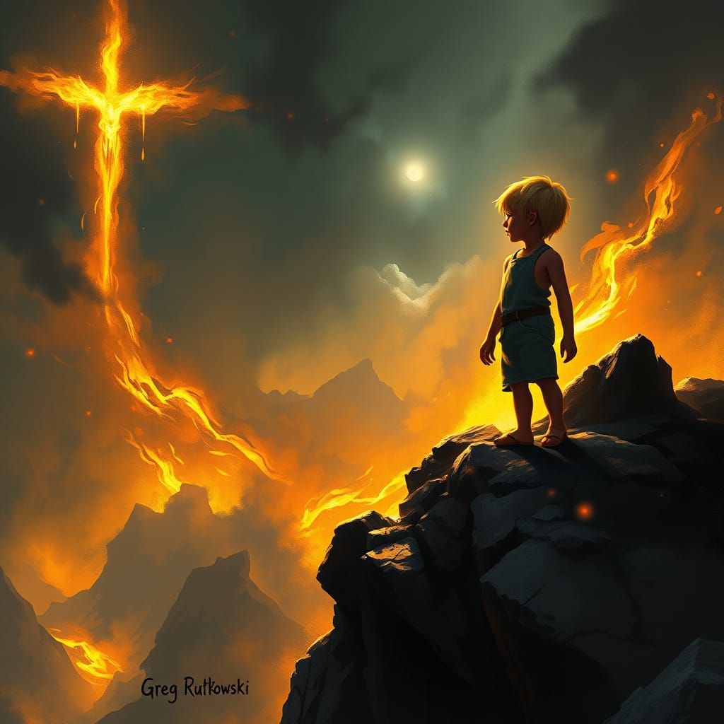 Child Gazing at Fiery Vista in Digital Painting