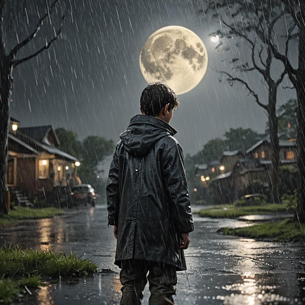 Gremling in Rain Under Full Moon