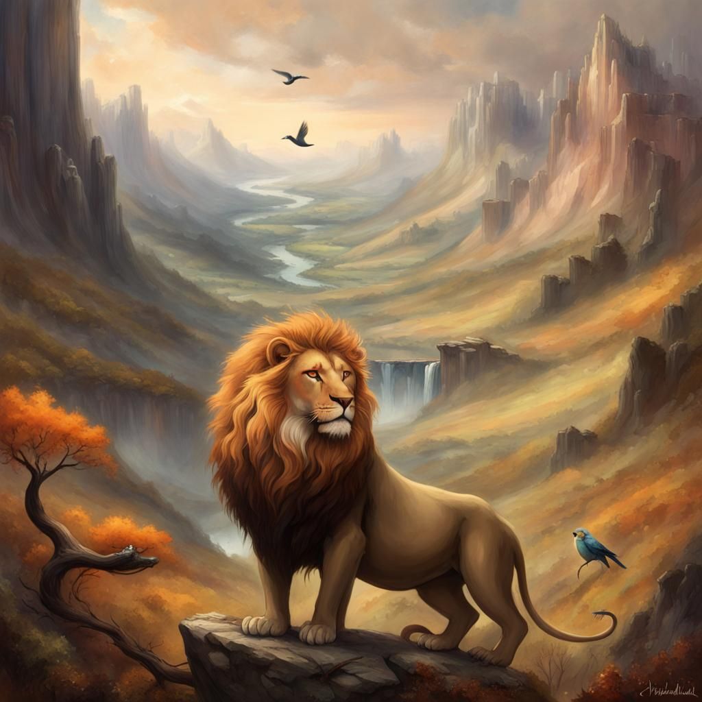 Mythical Lion-Serpent in Whimsical Mountainscape