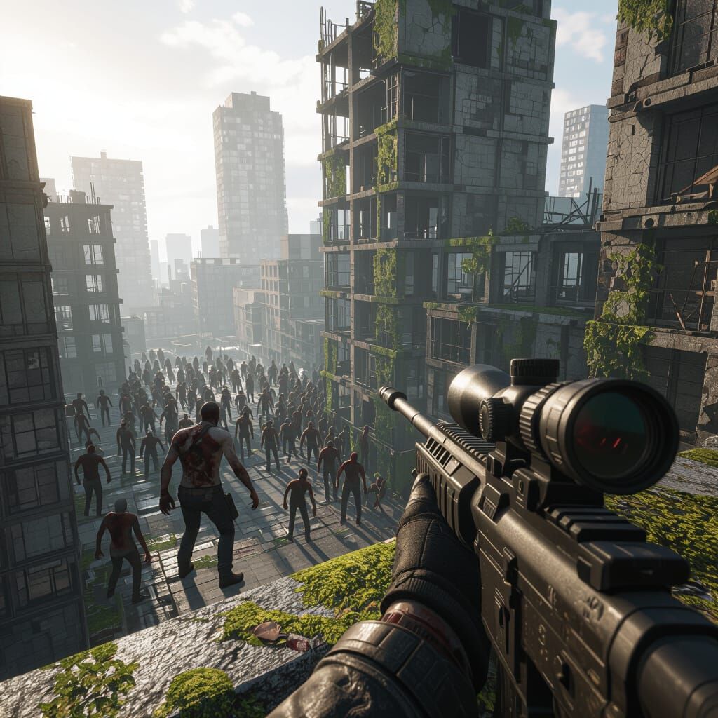 Sniper's View of Zombie Apocalypse in Ruined City