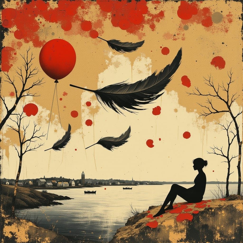 Autumn Sky with Red Balloon and Floating Feathers