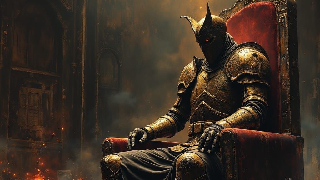 Ominous Armored Figure in Gothic Throne Room