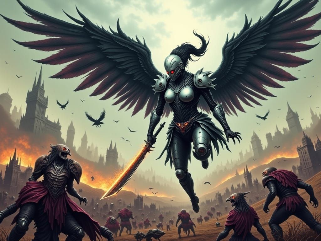 Cyborg Angel of War Descends on Battlefield