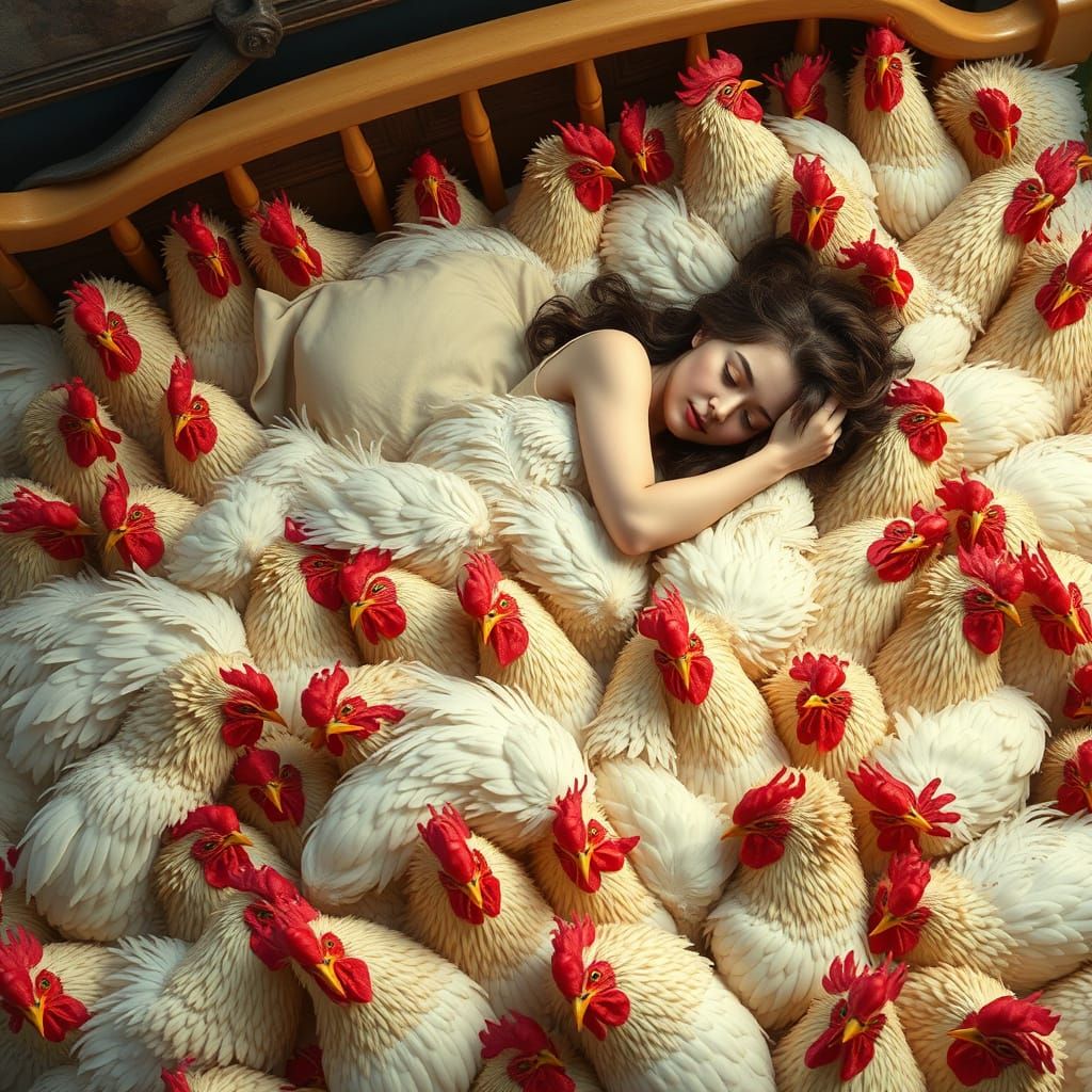 Woman Sleeps on Chicken Bed in Whimsical Style