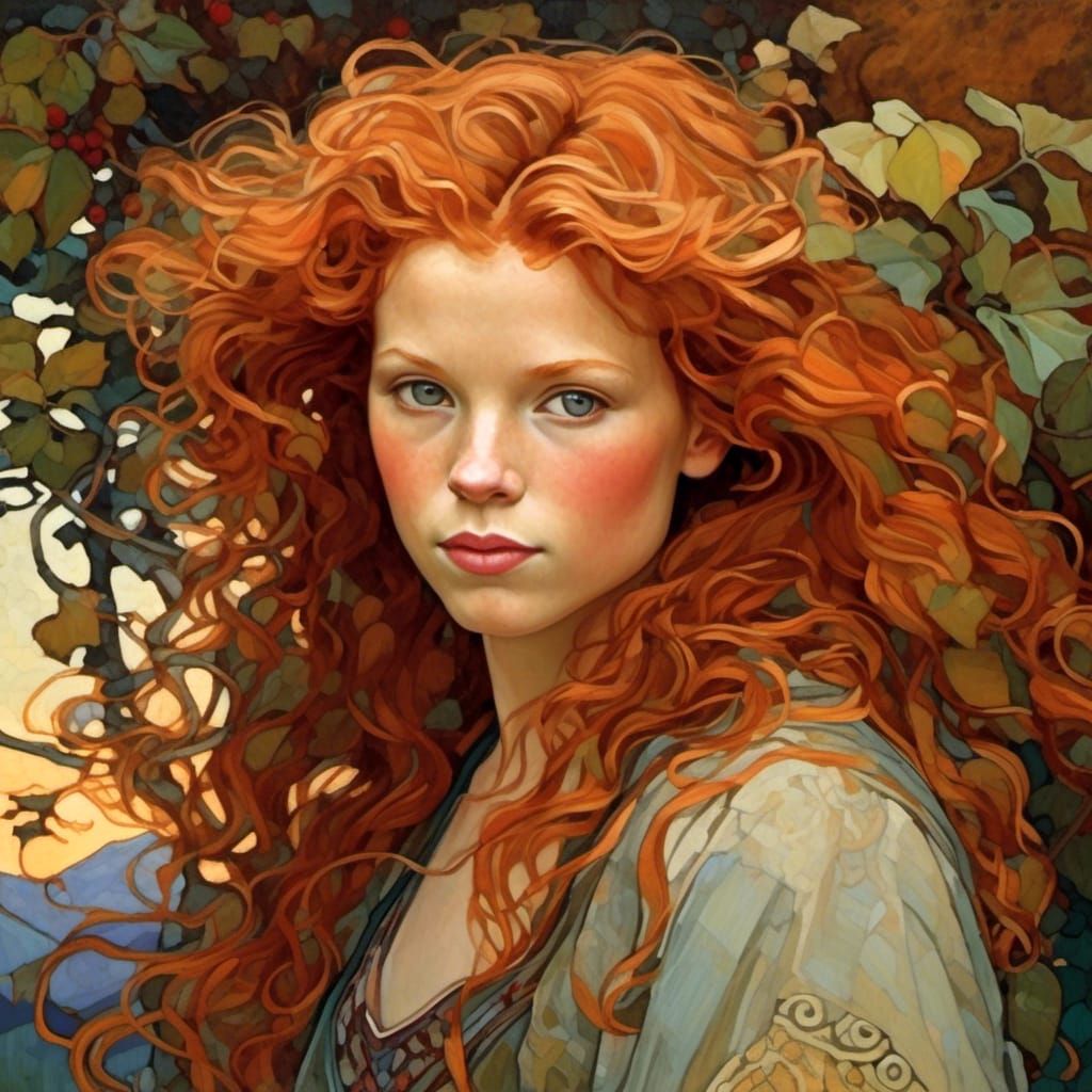 Ethereal Ginger Goddess Overlooks a Vibrant Landscape in Imp...