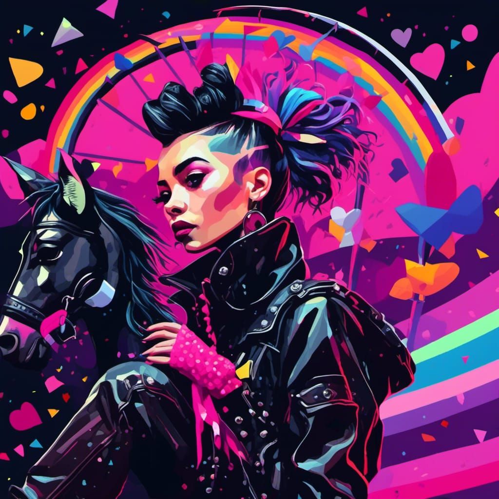 Punk Rock Girl on Rainbow Carousel in Pop Art Style