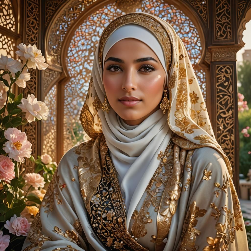 Arabic Woman in Floral Pavilion: Photorealistic Portrait