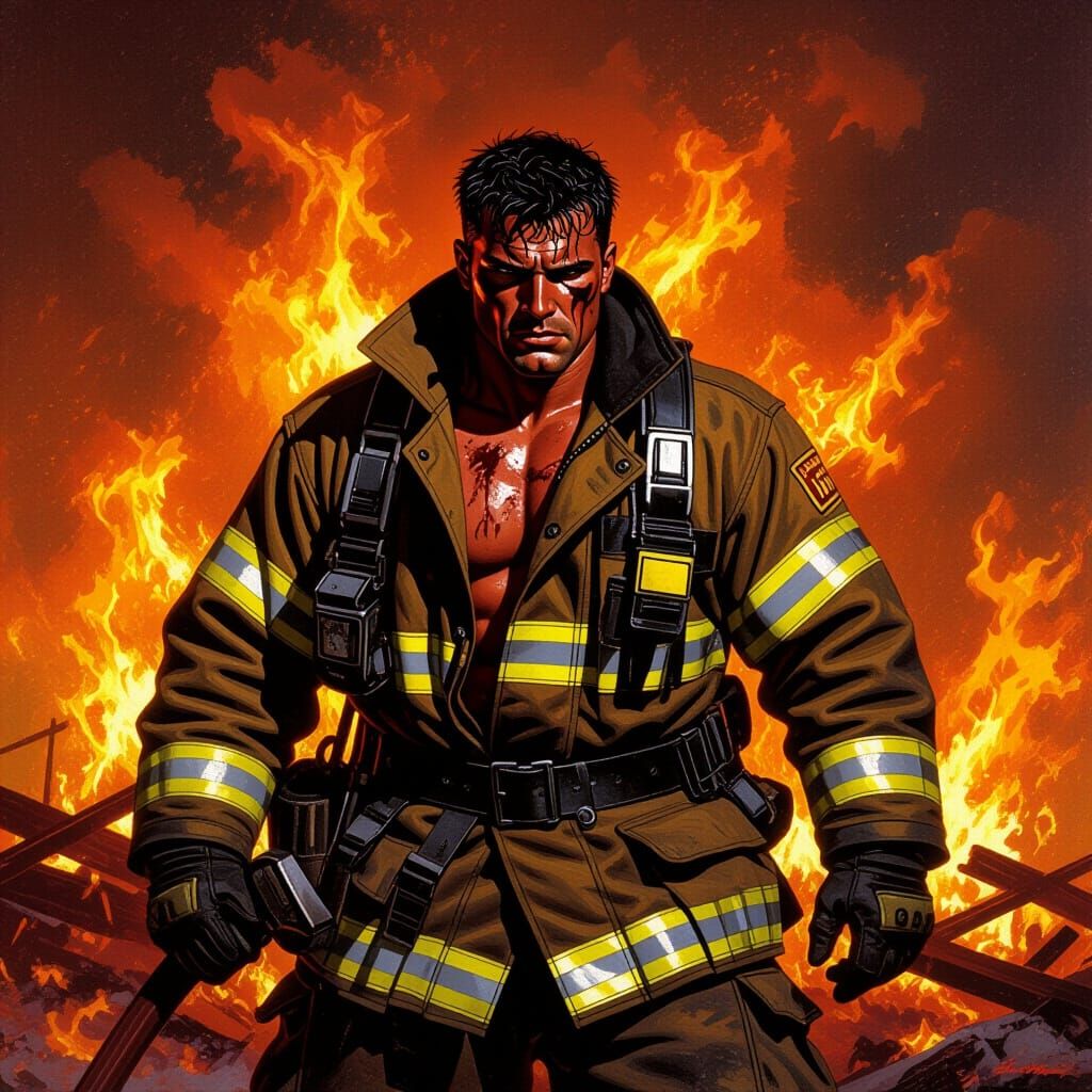 Firefighter Battling Inferno in Dramatic Fantasy Art Style