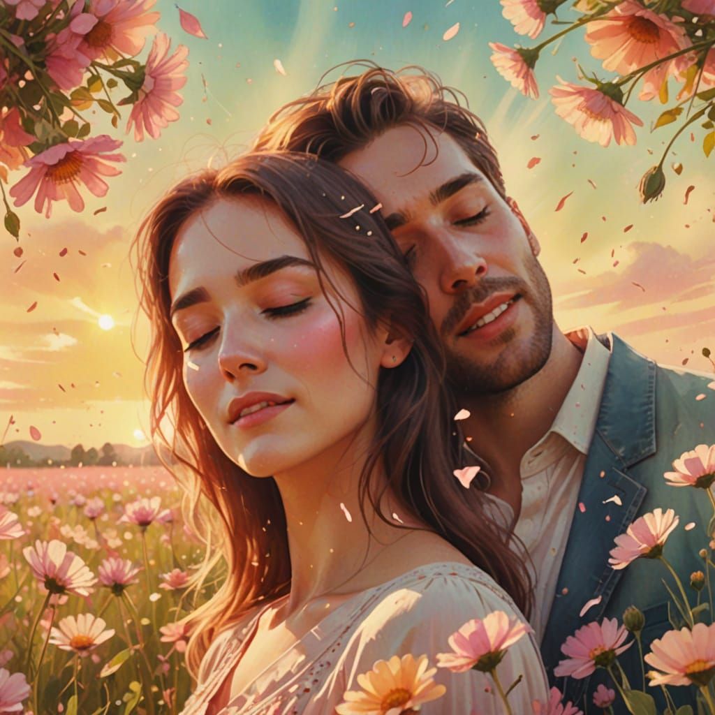 Romantic Couple Singing in a Flower Field