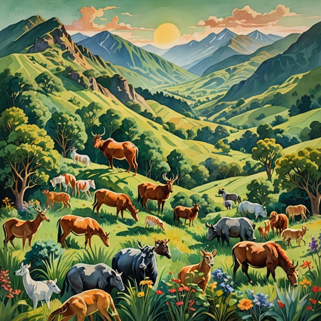 Animals in Gouache Watercolor Impressionist Landscape