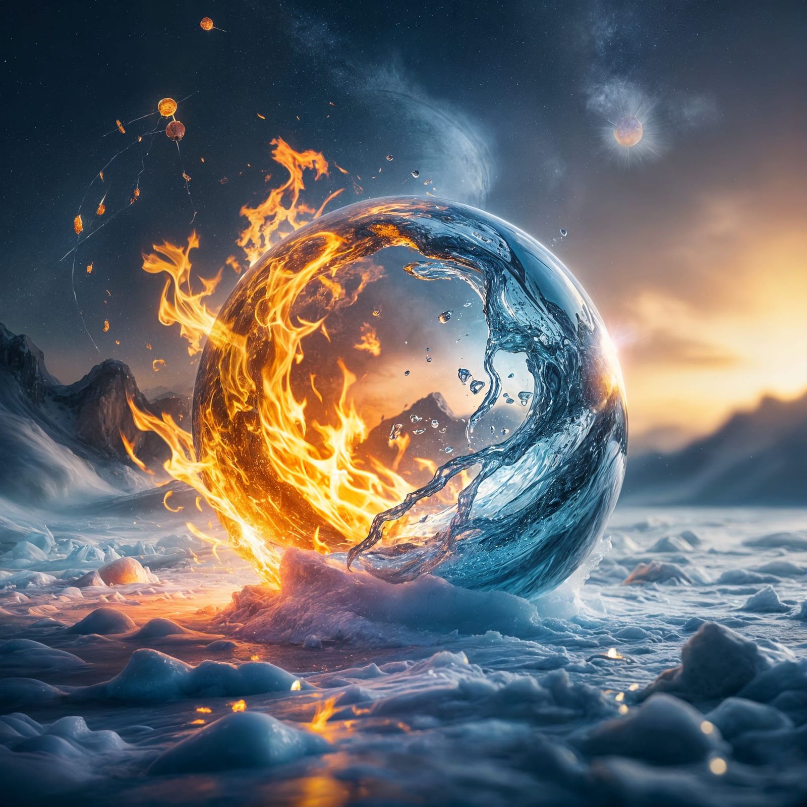 Surreal Clash of Ice and Fire Spheres