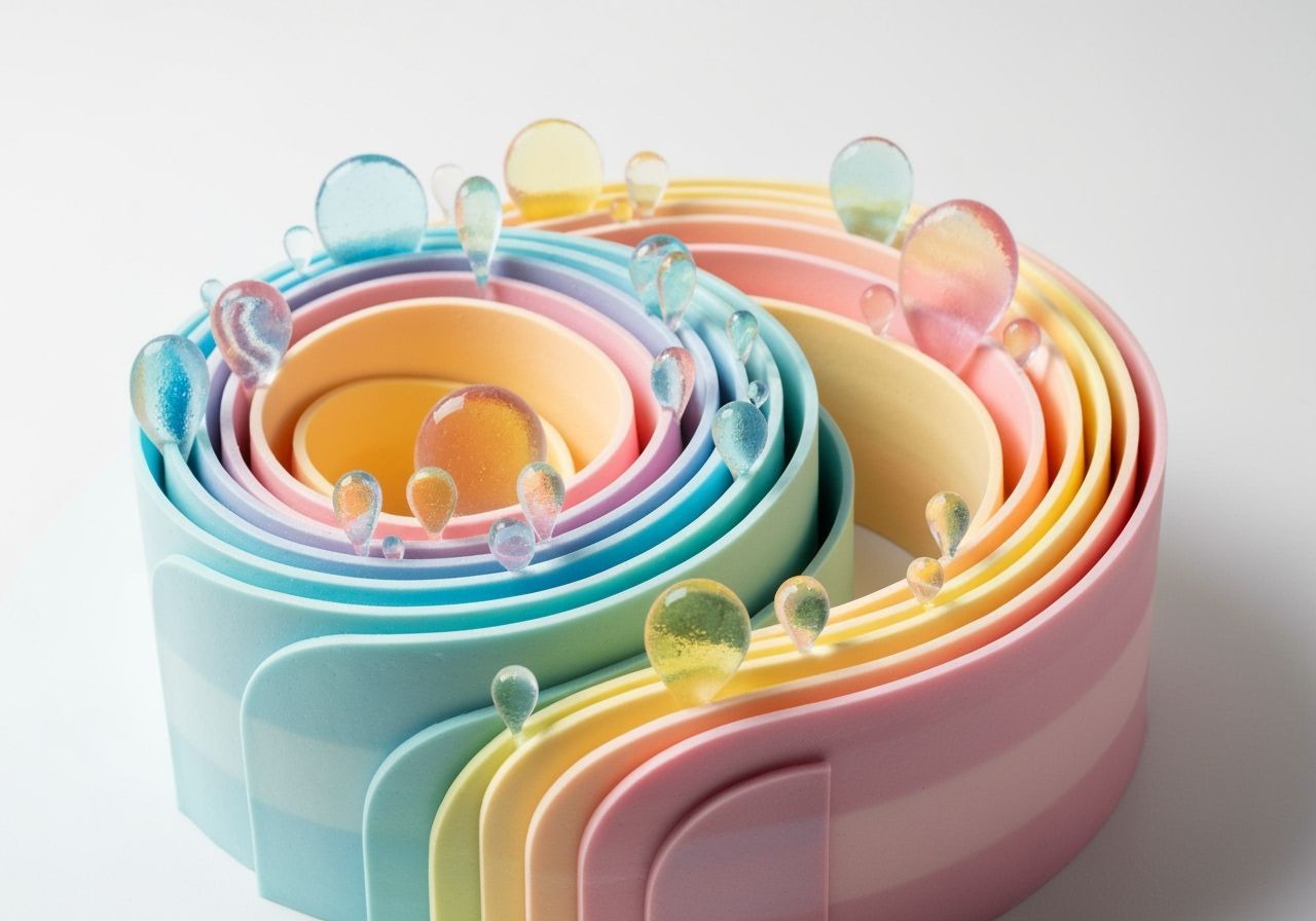 Vibrant Multi-Colored Cake with Glass-Like Decorations