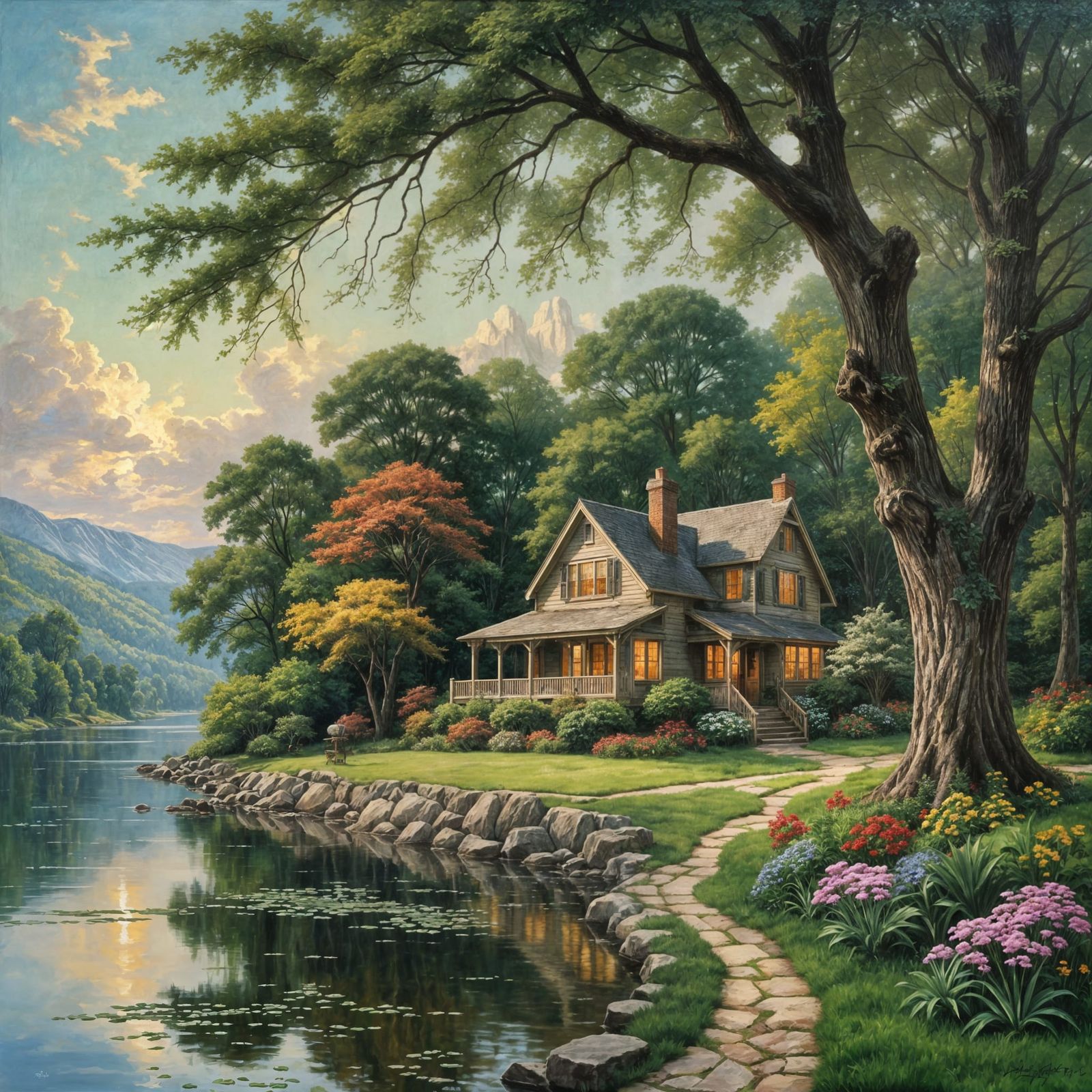 Idyllic Lakeside Home with Waterfall, Luminism Style