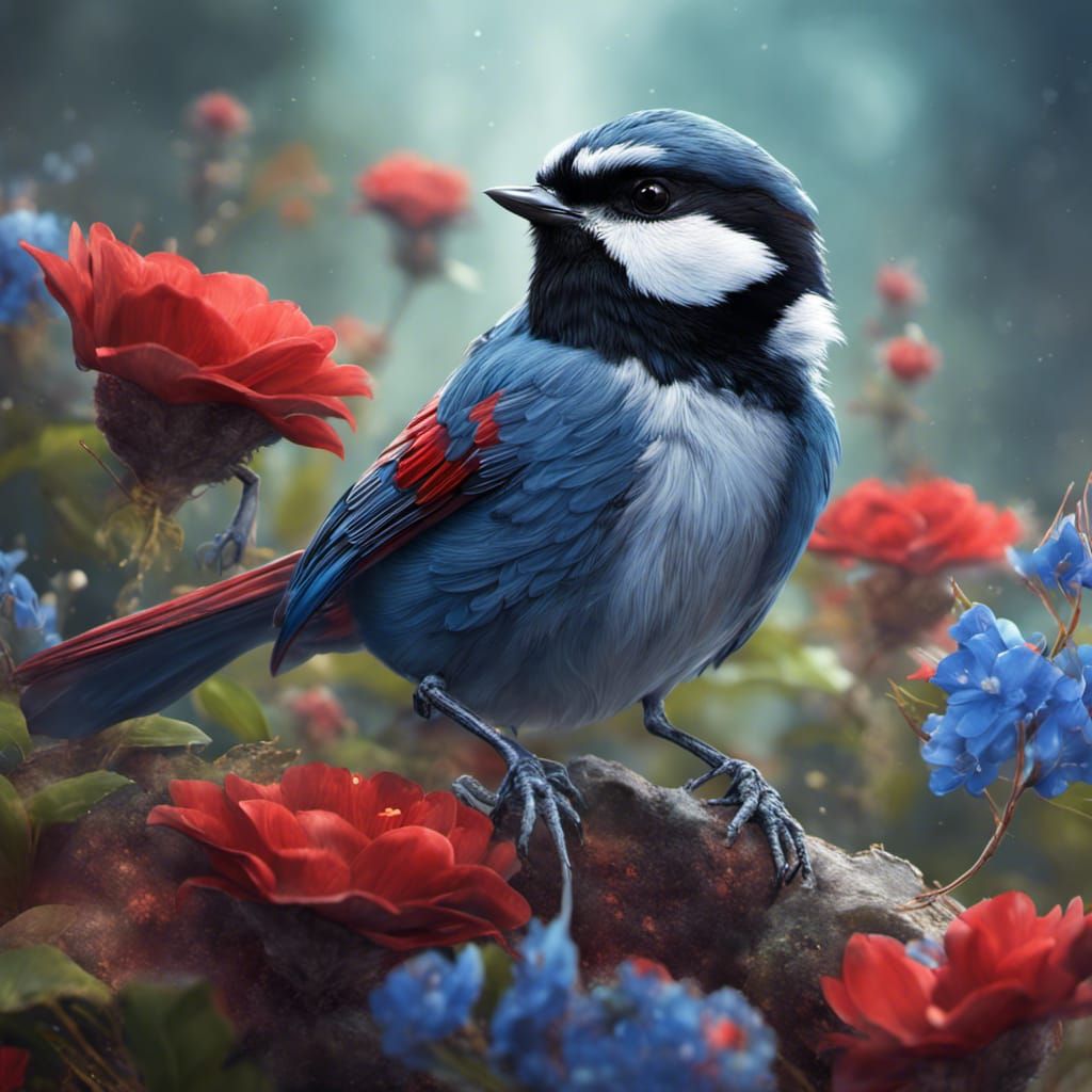 Colorful Chickadee and Flowers in Detailed Matte Painting