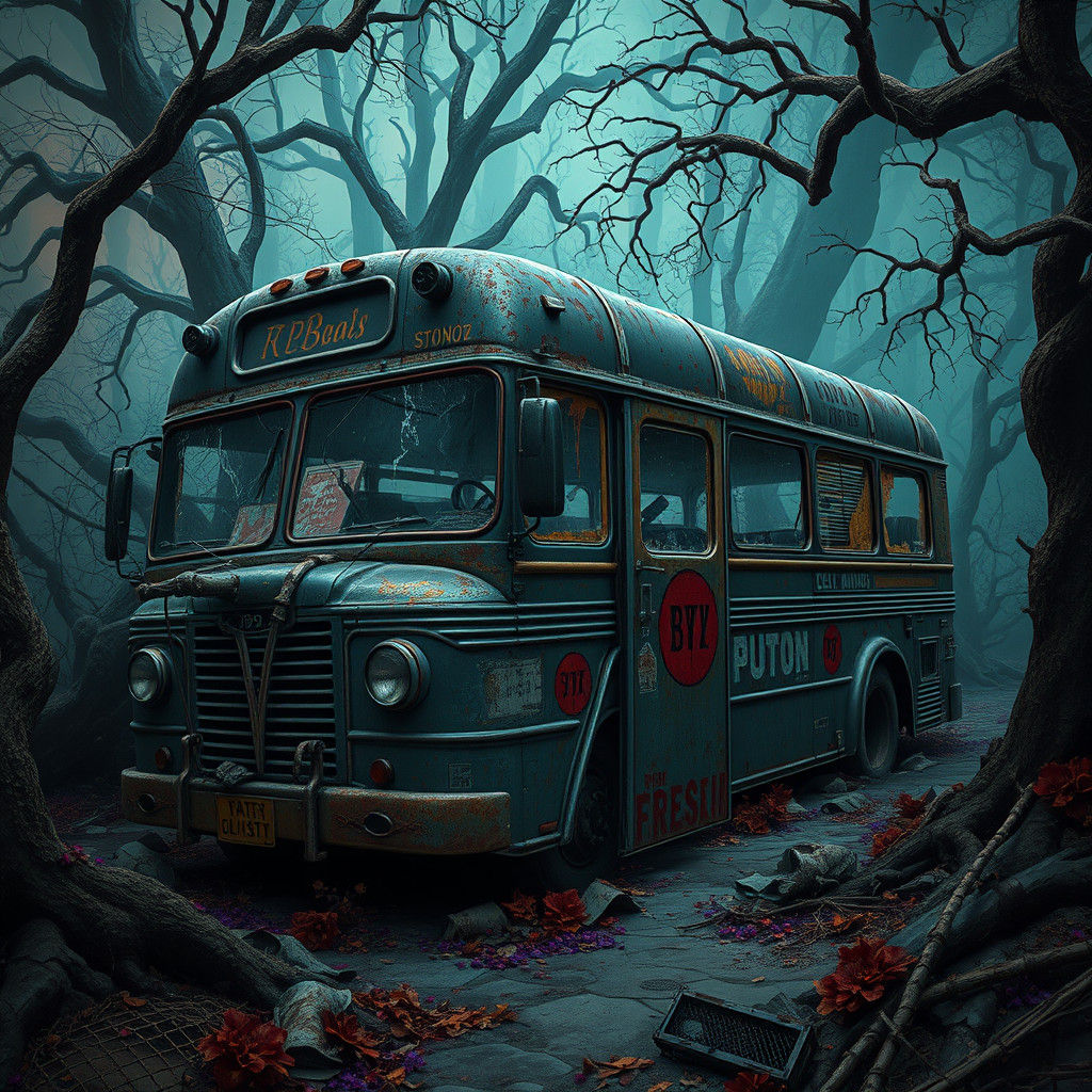 Eerie Abandoned Bus in Mystical Environment