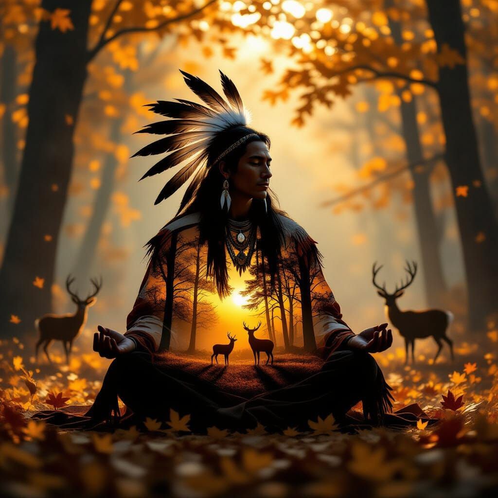 Native Spirit Guide Meditation in Autumn Forest Double Expos...