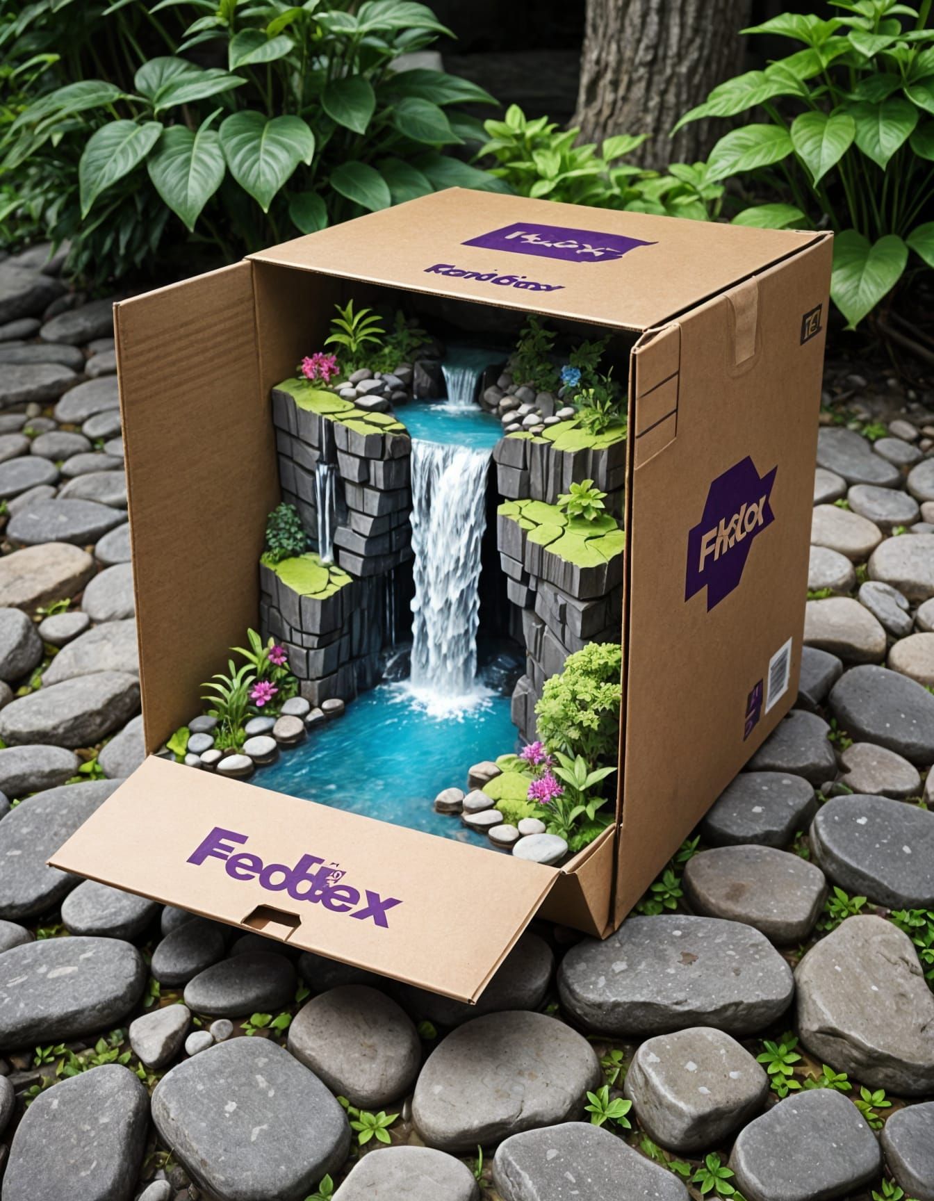Cartoon FedEx Box with Waterfall Inside