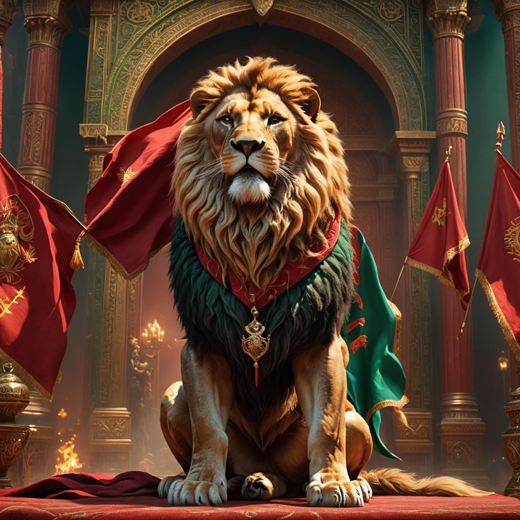 Humanoid Lion Warrior with Moroccan Flag