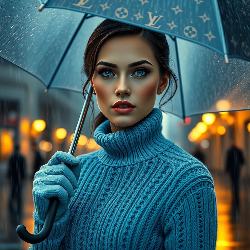 Woman in Winter Evening, Under Monogram Umbrella, in Hyper-R...