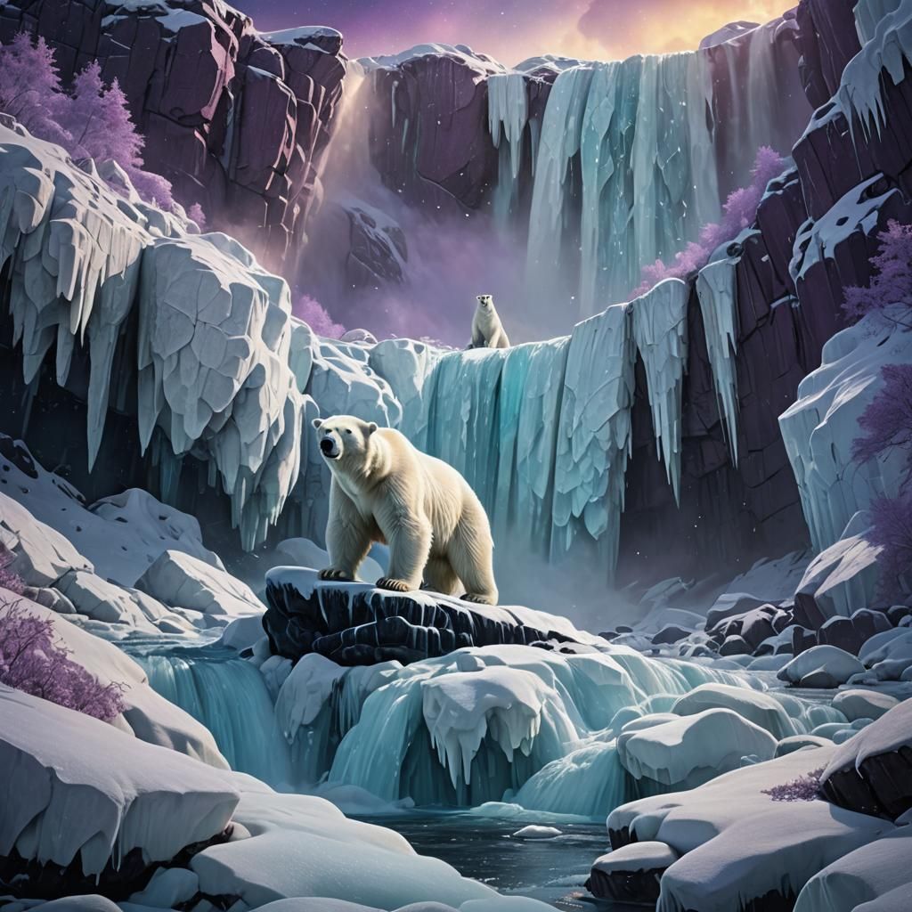 Arctic Waterfall with Polar Bear in Fantasy Style