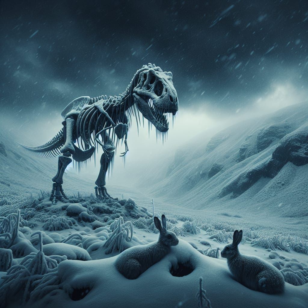 Grievously Emaciated T-Rex in Snowy, Ice-Covered Landscape,...