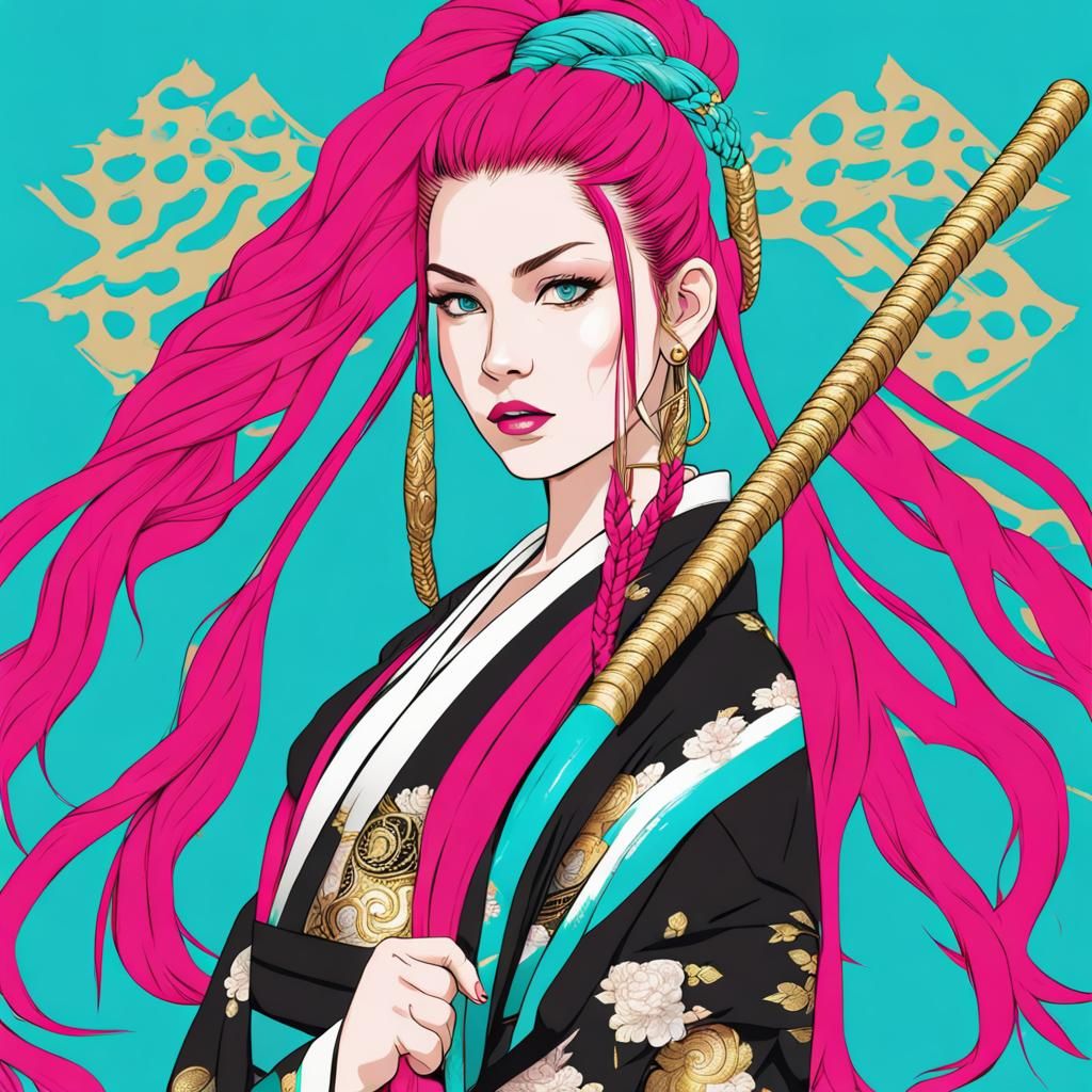 Woman with Pink Braids Wielding Ninja Weapons