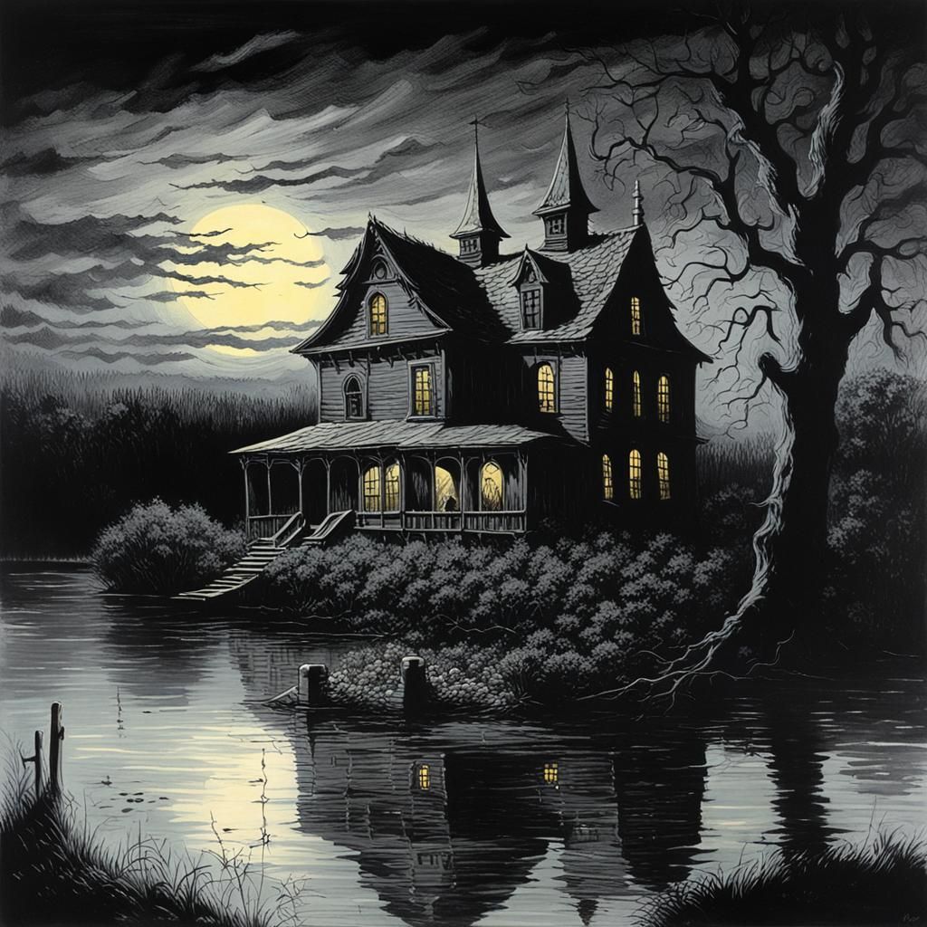 Eerie Haunted House by a Lake at Night