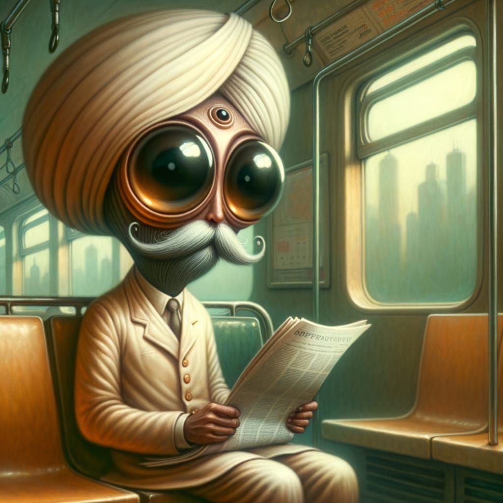 Surreal South Asian Gentleman Reading on Subway