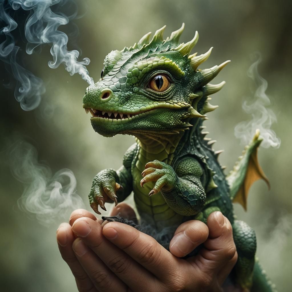 Green Dragon Portrait with Smoke, Photorealistic Macro