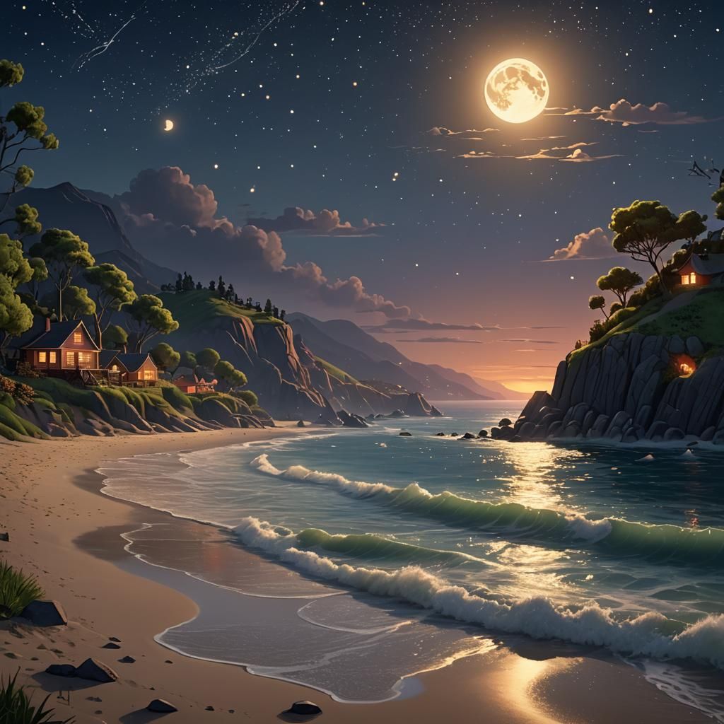 Enchanting Beach at Night as 3D Digital Art