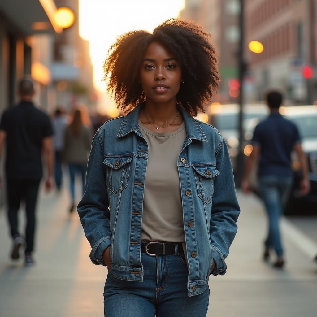 African American Woman in Denim Jacket on Sidewalk
