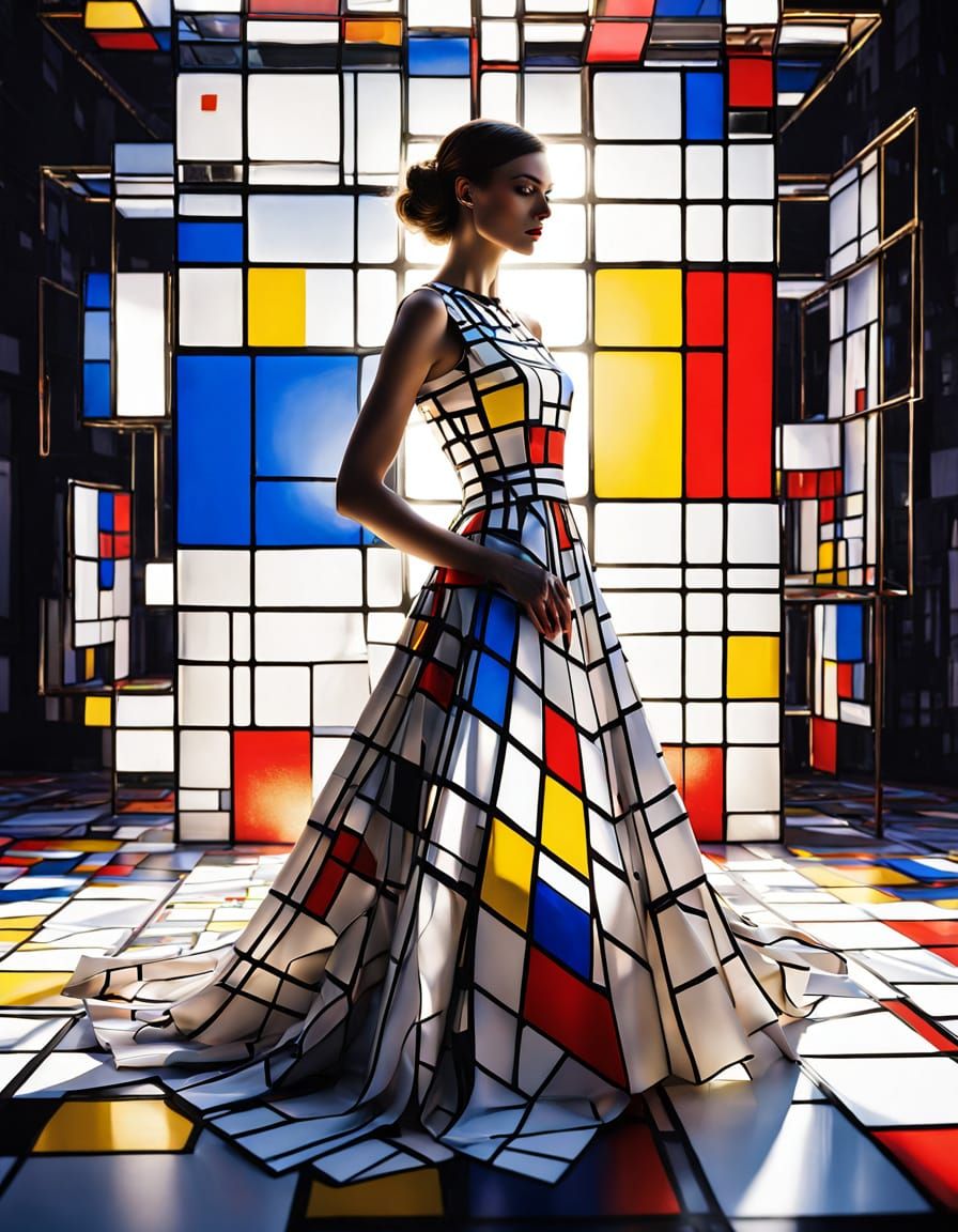Woman in Vibrant Piet Mondrian Patterns