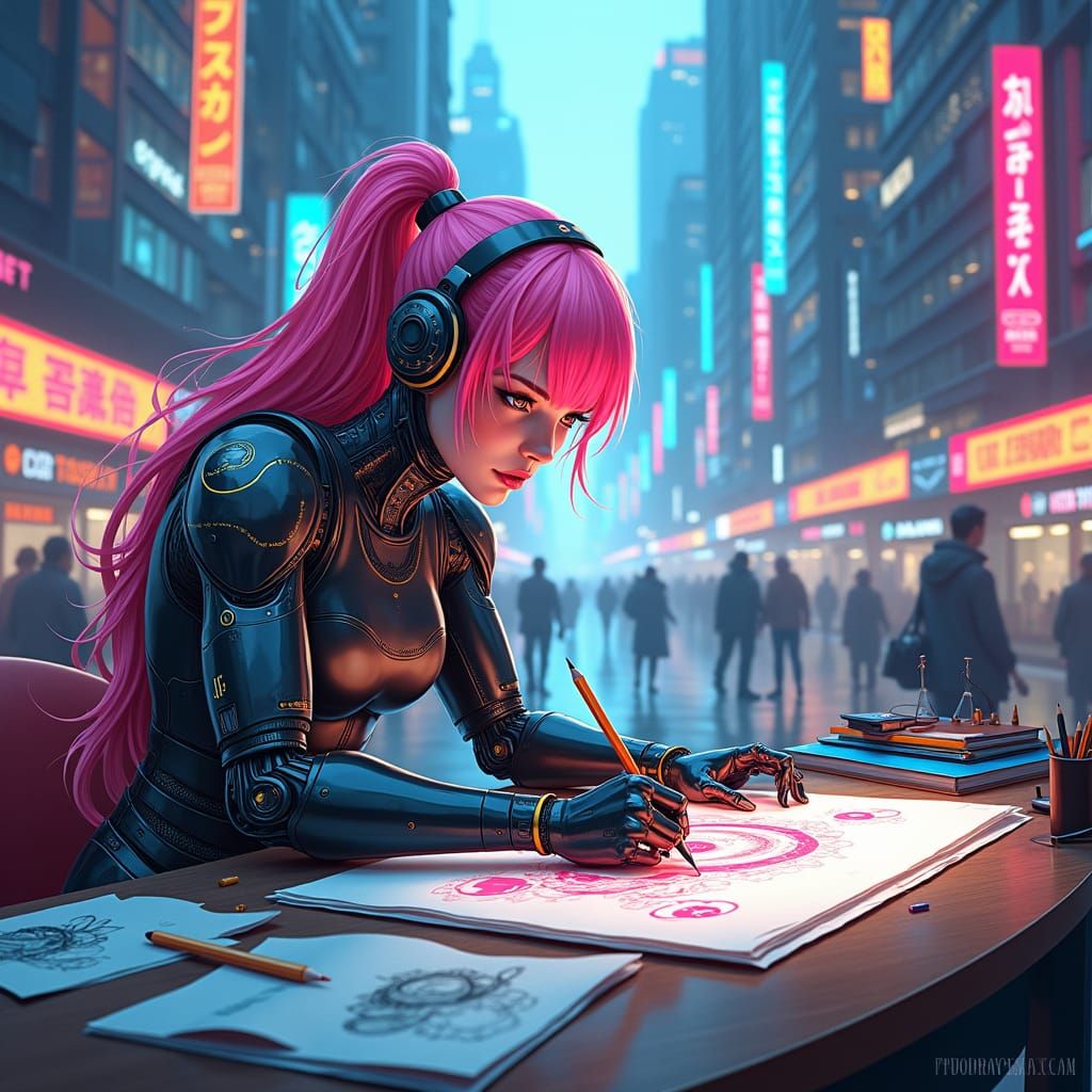 Cyborg Girl Drawing in Neon Cityscape