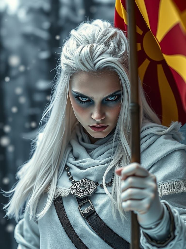 Evil White-Haired Warrior Waving Macedonian Flag