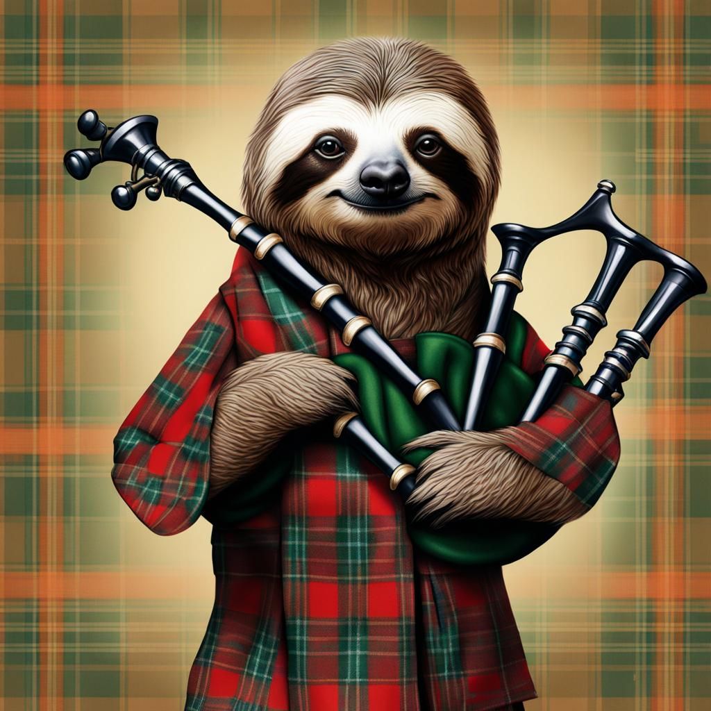 Sloth in Kilt Playing Bagpipes: Ultra Realistic Render