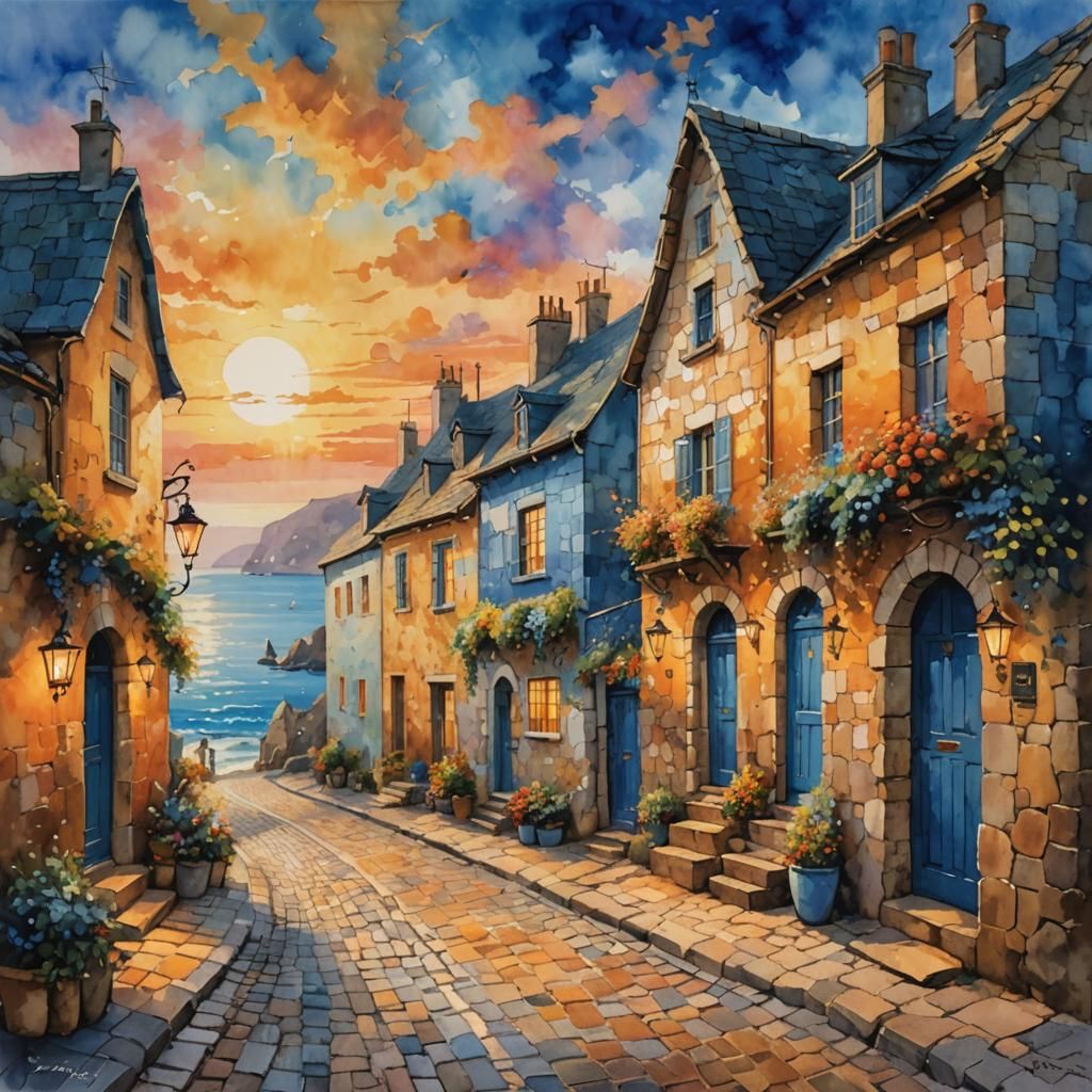 Magical Coastal Village Painting in Mixed Media Style