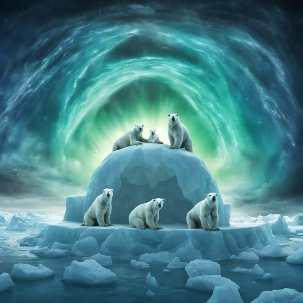 Polar Bears' Disco on Iceberg with Northern Lights