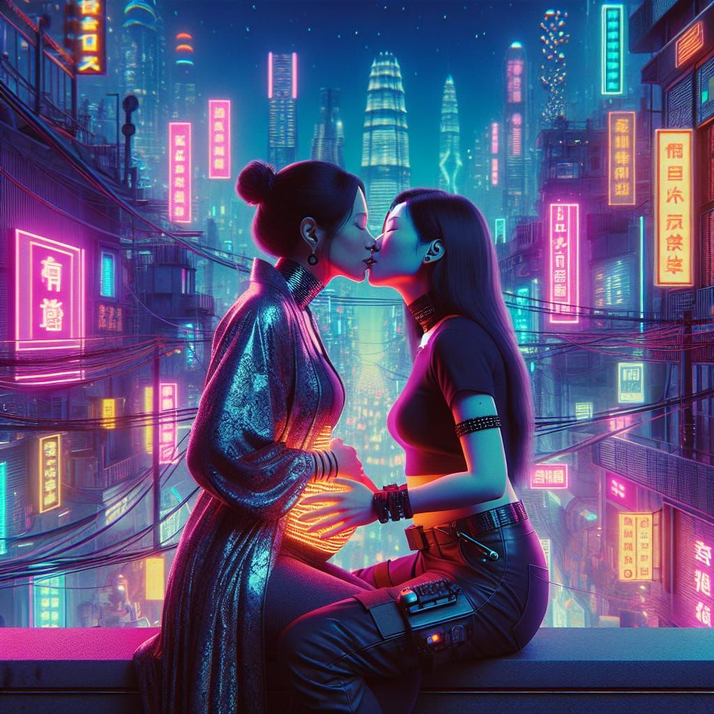 Pregnant Woman Kissing Partner in Cyberpunk City