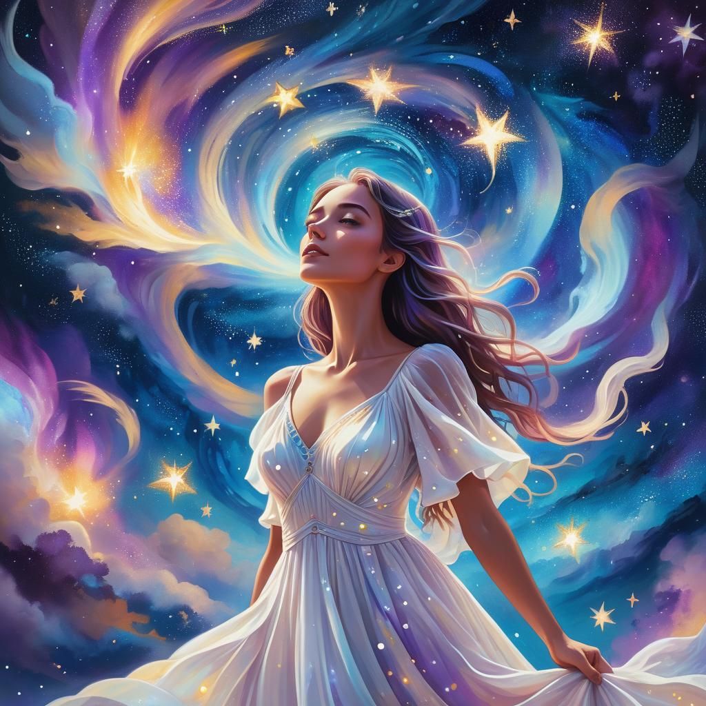 Dreamlike Girl Gazing at Starry Cosmos in Astral Art