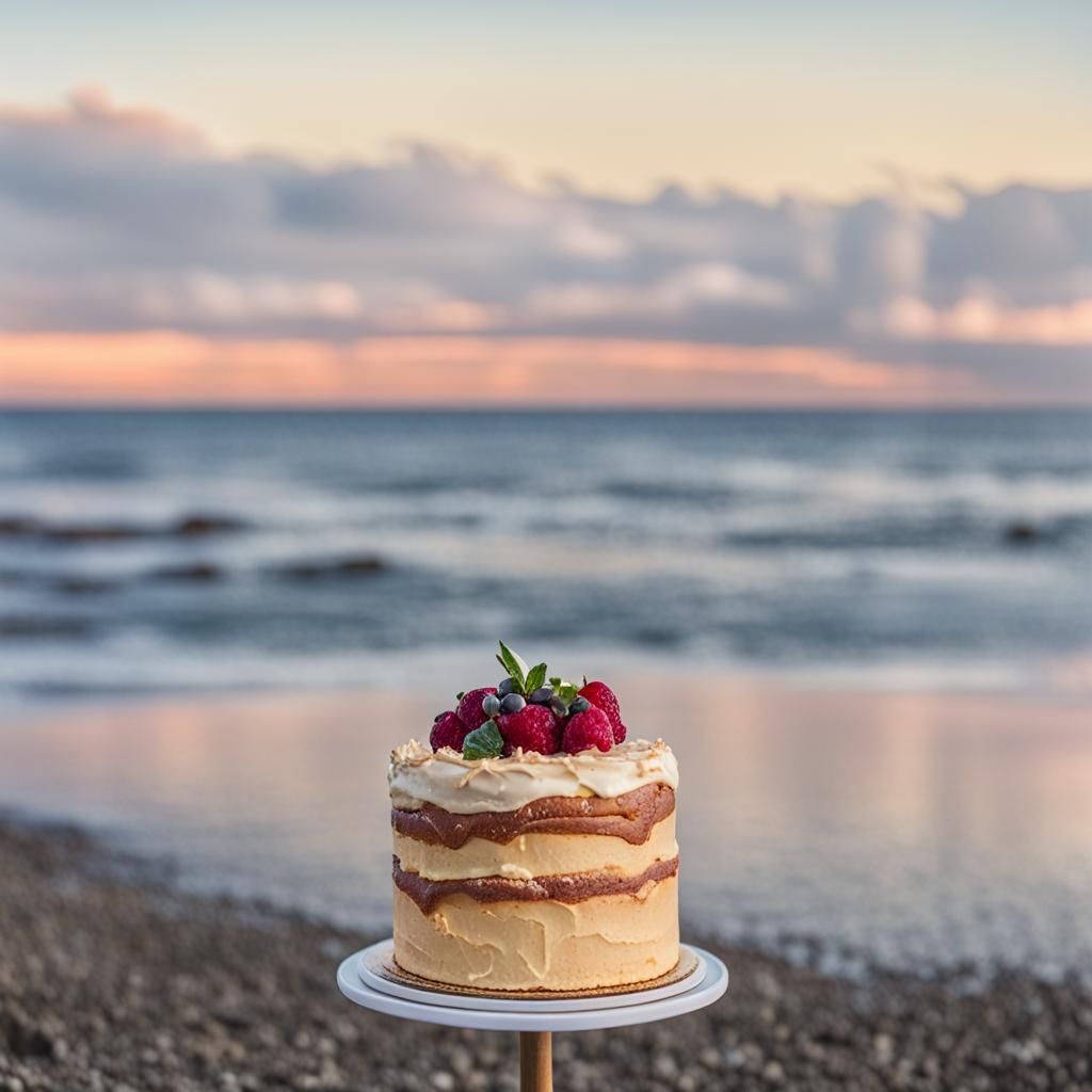 Colorful Cake by the Ocean: AI Interpretation